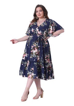 V Neck Wrap Dress Ruffle Sleeves Summer Floral Dress