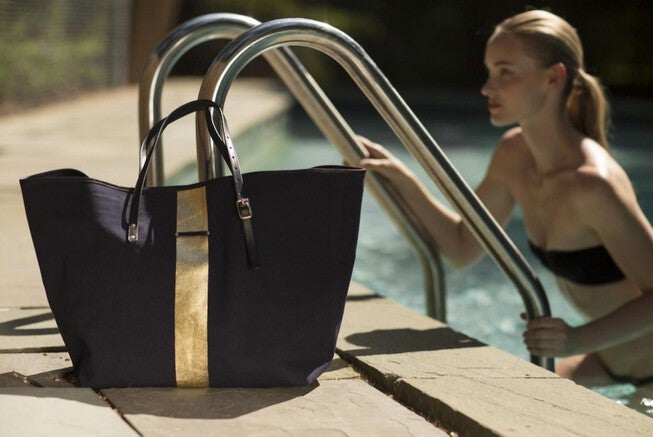 Striped Canvas Urban Beach Tote in Navy/Gold, , alternate image number null