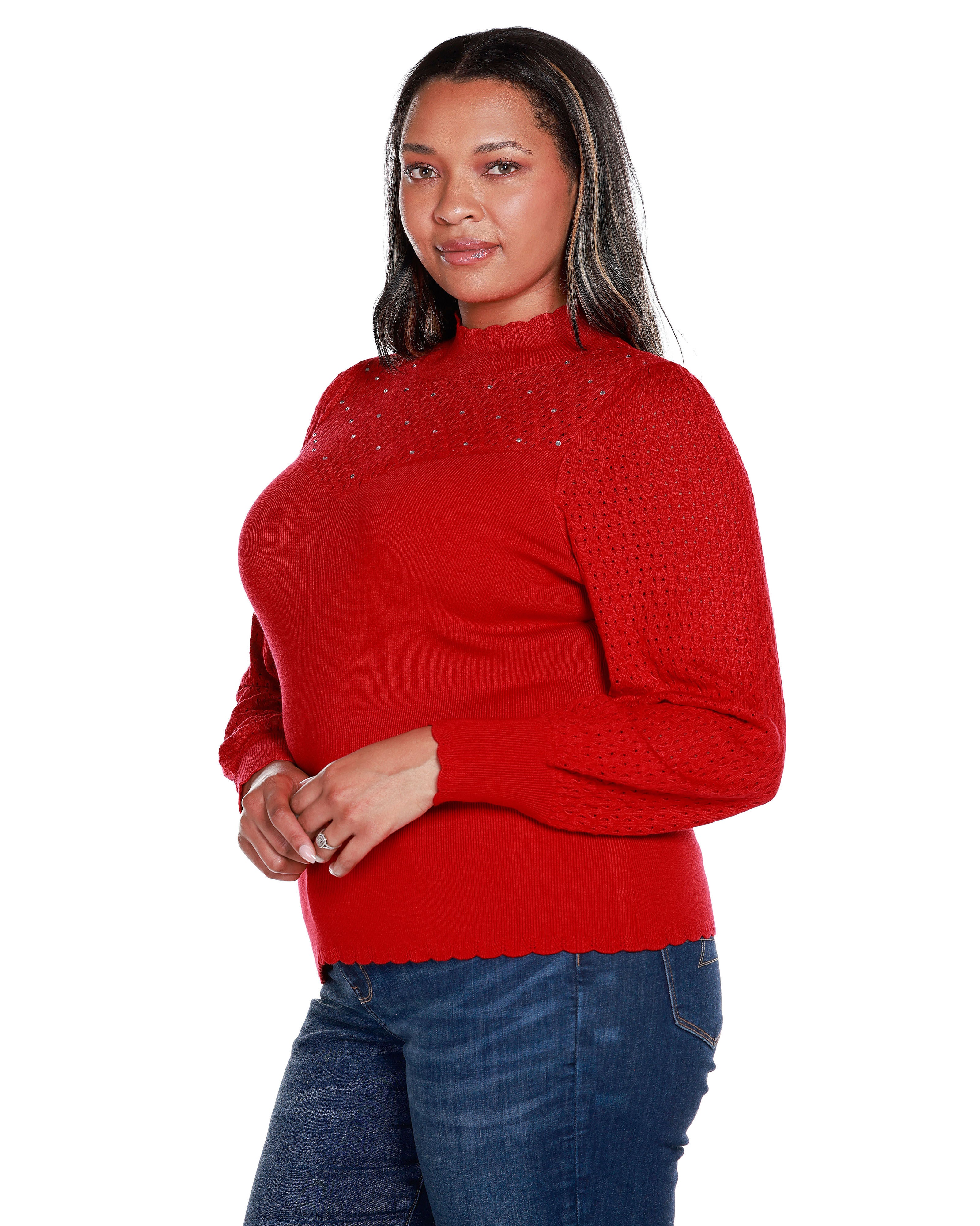 POINTELLE AND RHINESTONE DETAIL SWEATER, Belldini Red / Red, alternate image number 2