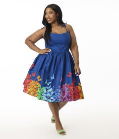 Unique Vintage Plus Size Rainbow Butterfly Cotton Bobbie Swing Dress