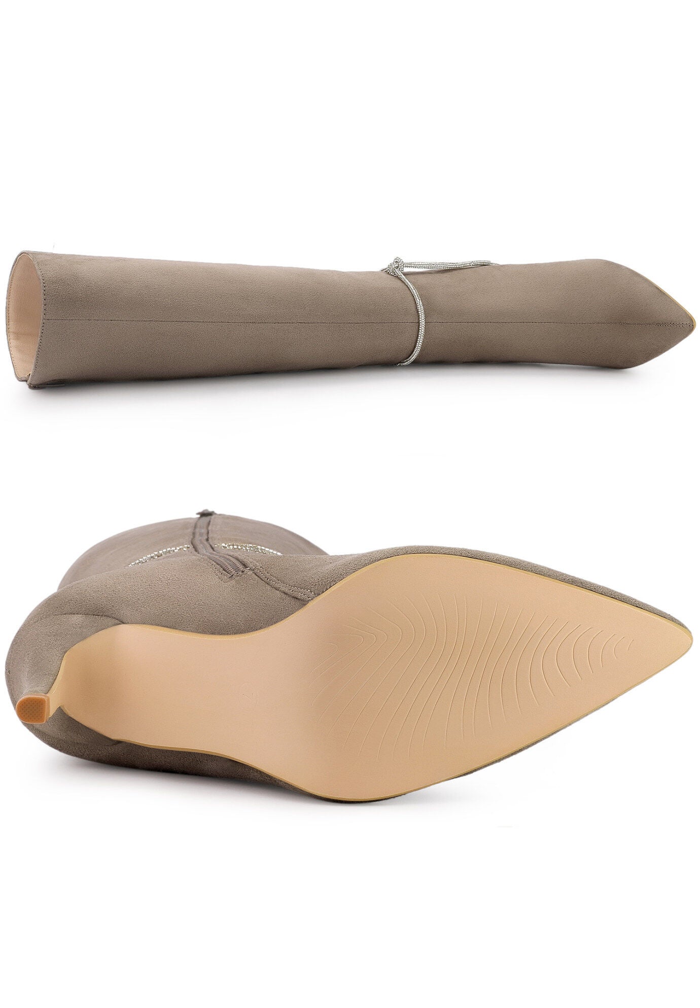 Rhinestone Chain Pointed Toe Stiletto Heels Knee High Boots, Taupe / Taupe, alternate image number 3