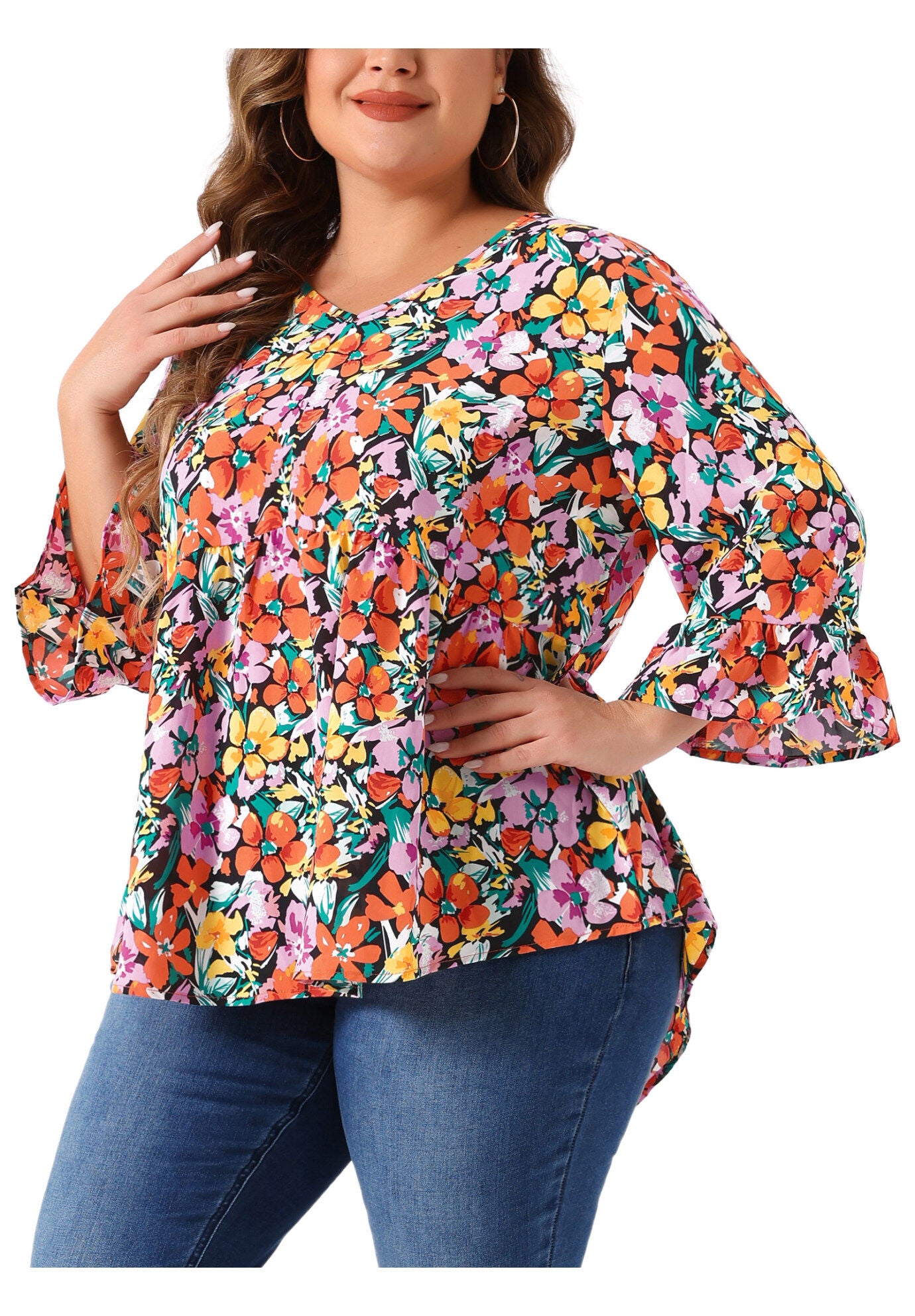 Floral V Neck Ruffle Sleeve Babydoll Peplum Blouse, Orange Black / Orange, alternate image number 1