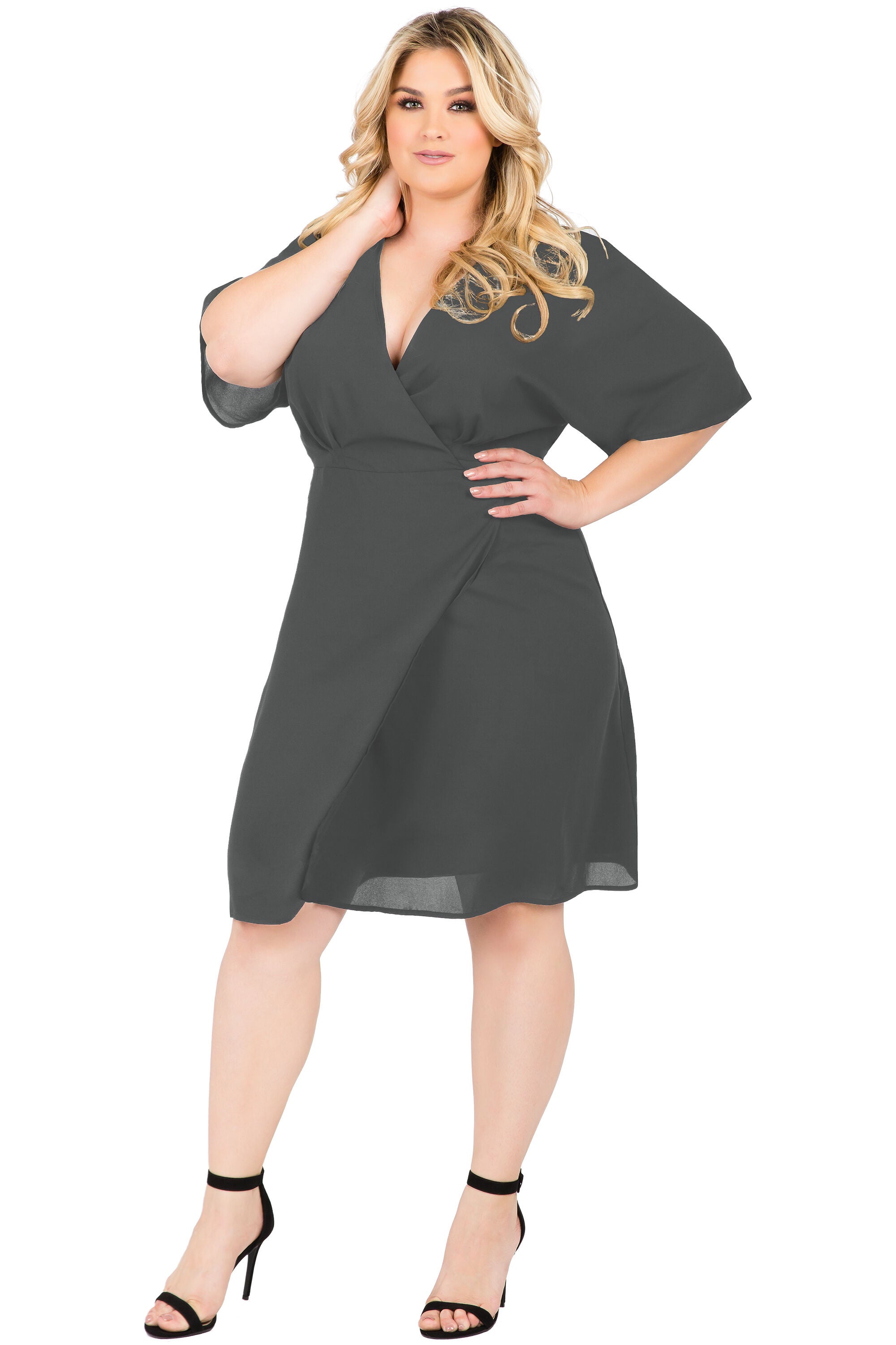 Plus Size Candice V-Neck Kimono Wrap Midi Dress, Smoke Grey / Charcoal Grey, alternate image number 3