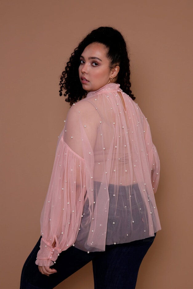 Bella Pearl Trim Mesh Top, Blush / Mauve, alternate image number 2