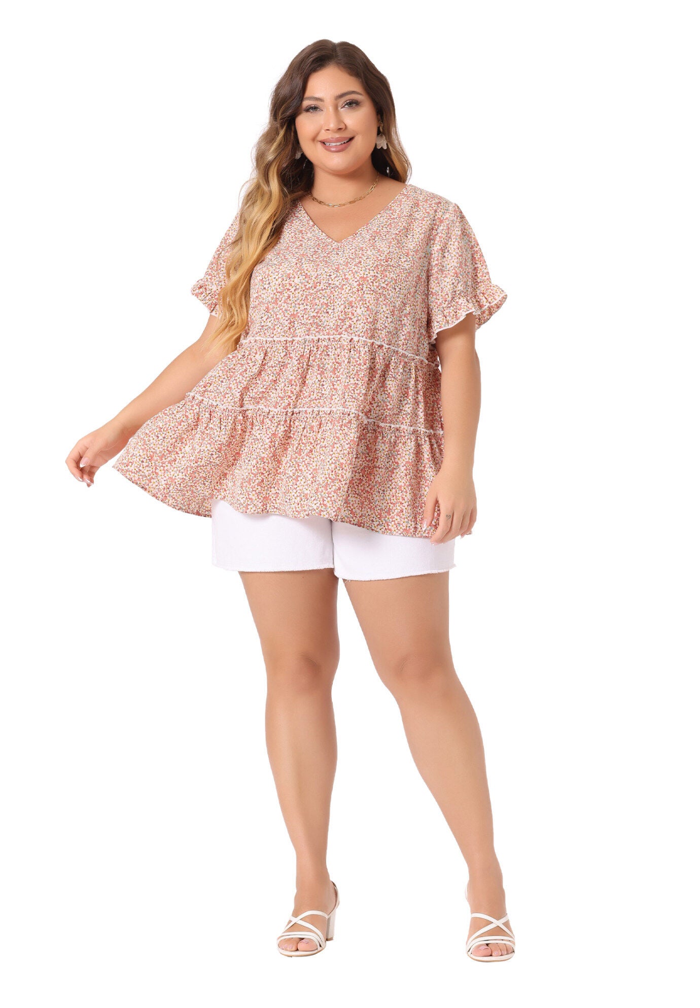 Floral Print V Neck Ruffles Sleeve Tiered Babydoll Blouse, Pink / Pink, hi-res image number 0