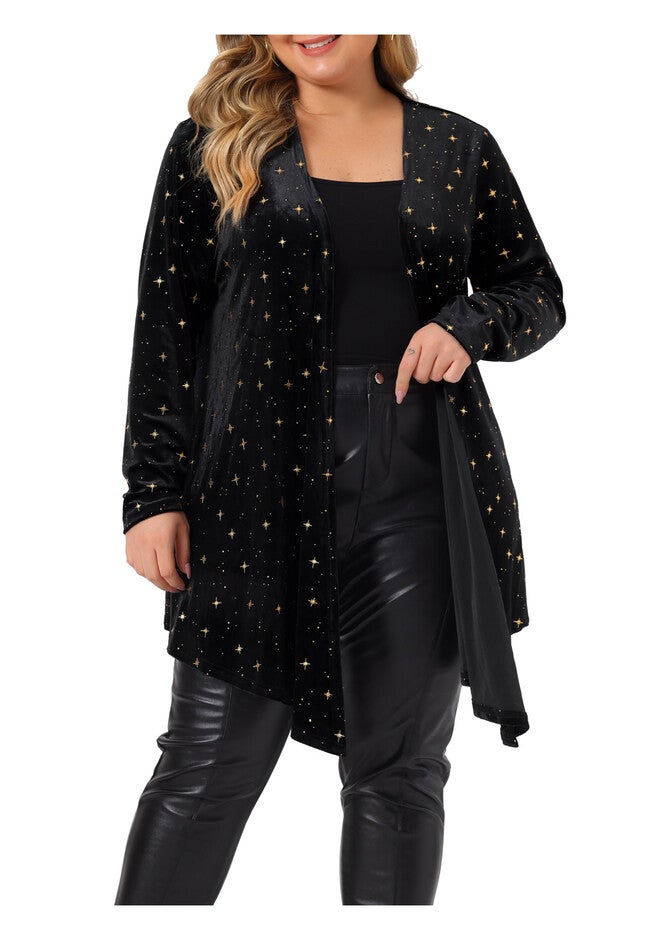 OPEN FRONT DRAPED SHINY VELVET CARDIGAN, Black / Black, alternate image number 2