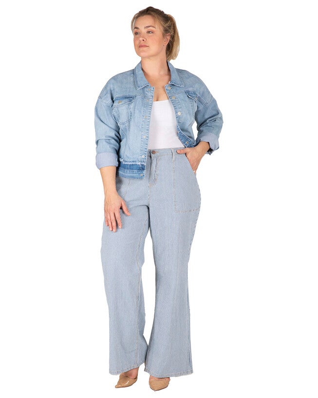 Mona Plus Size High Rise Wide Leg Stripped Light Denim Pants, Mid Blue / Light Blue, alternate image number 4