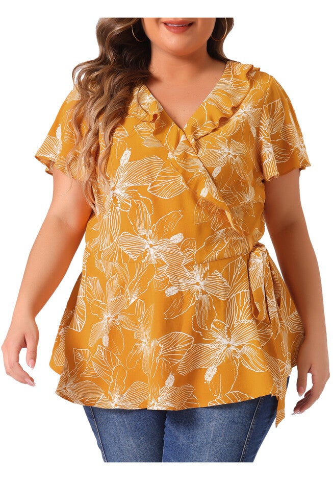 Wrap V Neck Tie Waist Ruffle Sleeve Blouse Summer Floral Top, Yellow / Yellow, alternate image number 2