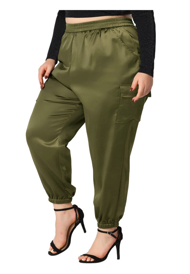 SATIN JOGGERS ELASTIC WAIST ATHLEISURE ANKLE LENGTH CARGO PANTS, Army Green / Sage Green, alternate image number 2