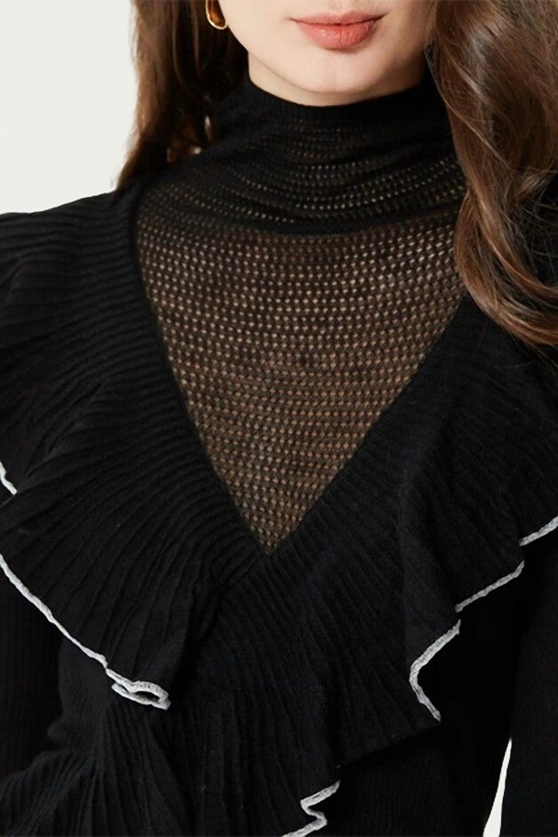 CALISTA LAYERED-EFFECT RUFFLED TURTLENECK TOP IN BLACK, , alternate image number 9