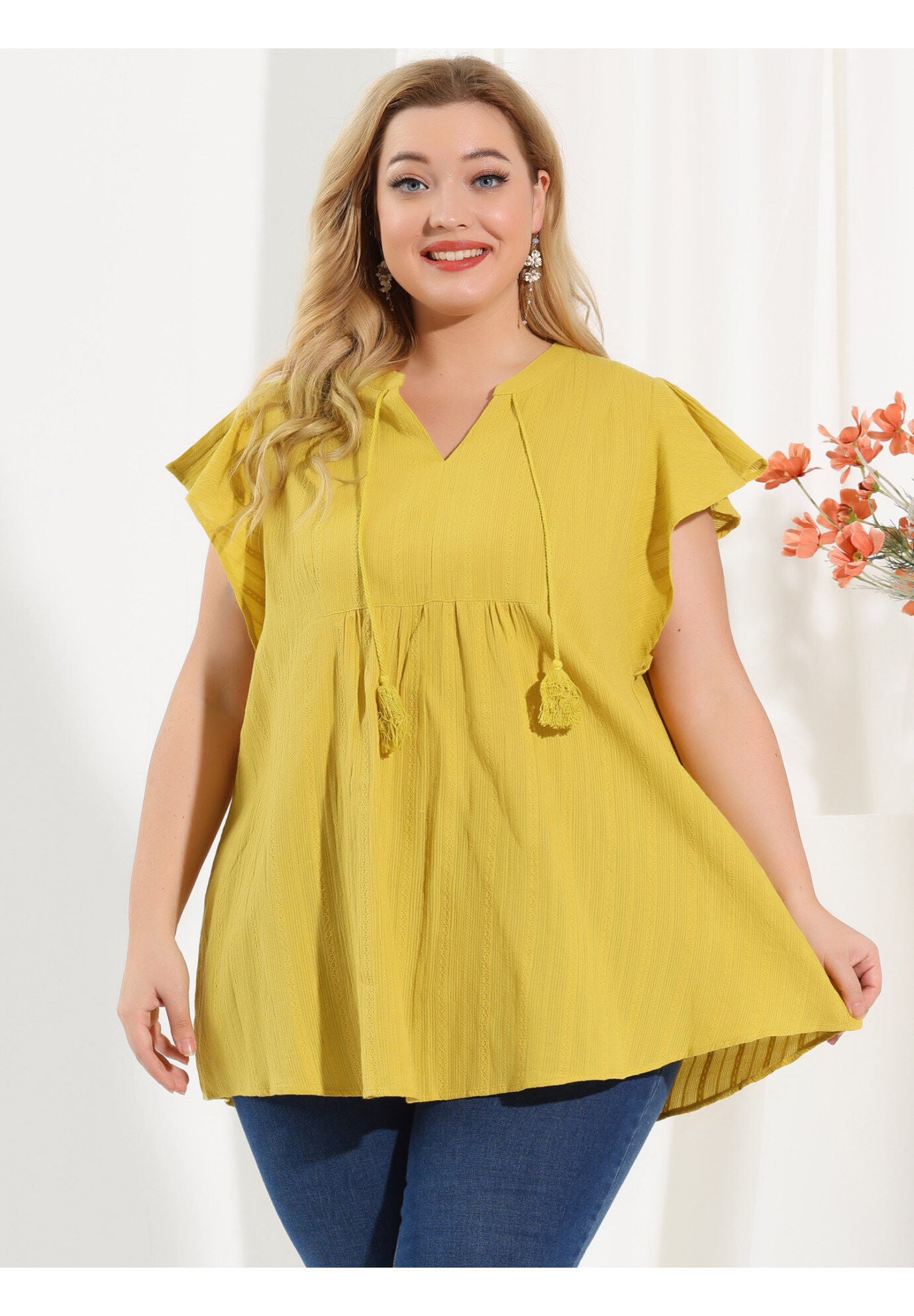 V NECK TASSEL SELF TIE FLUTTER BLOUSE, Ginger / Yellow, hi-res image number 0