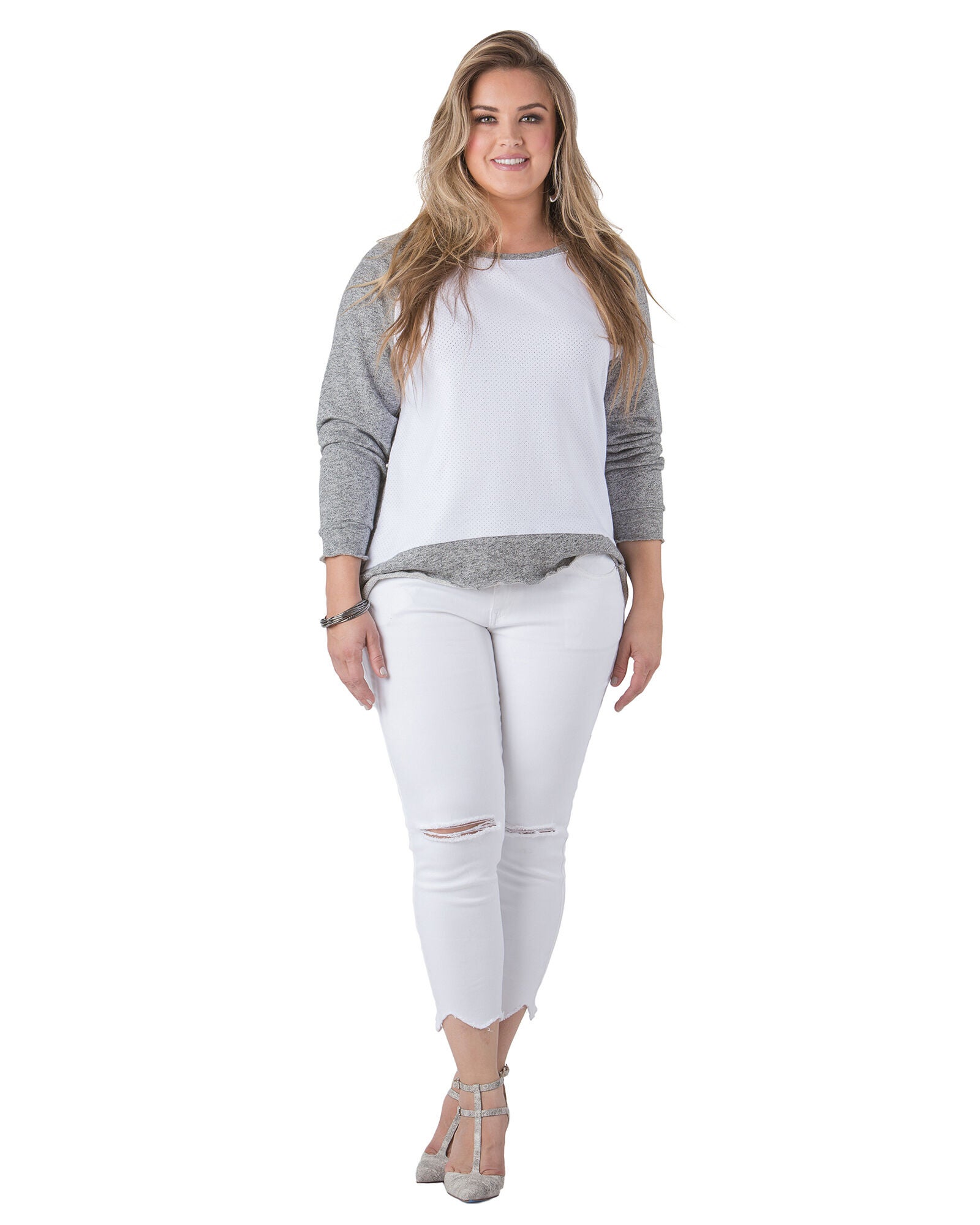 Plus Size Neesa Arm Patch French Terry Long Sleeve Mesh Top, White / White, alternate image number 1