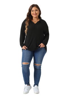 Loose Polo V Neck Long Sleeve Ribbed Knit Top