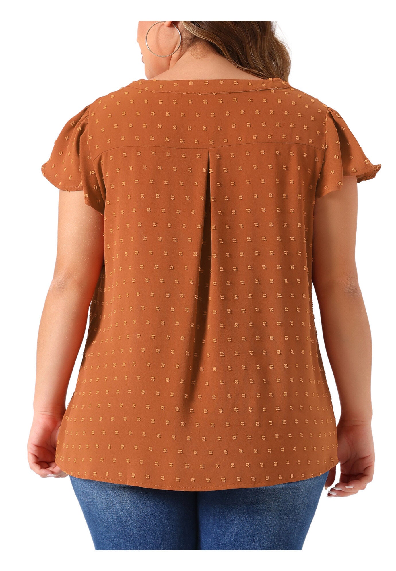 Swiss Dots Notched Neck Ruffle Sleeve Blouse, Caramel / Brown, alternate image number 3
