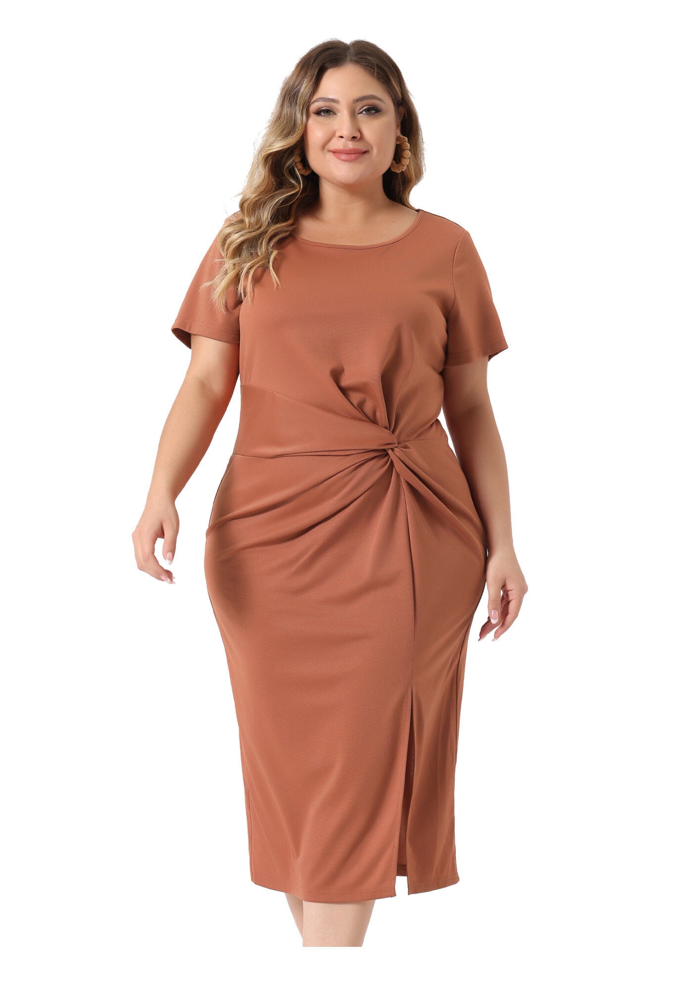 Round Neck Knot Front Short Sleeve Side Split Dress, Orange / Orange, alternate image number 1