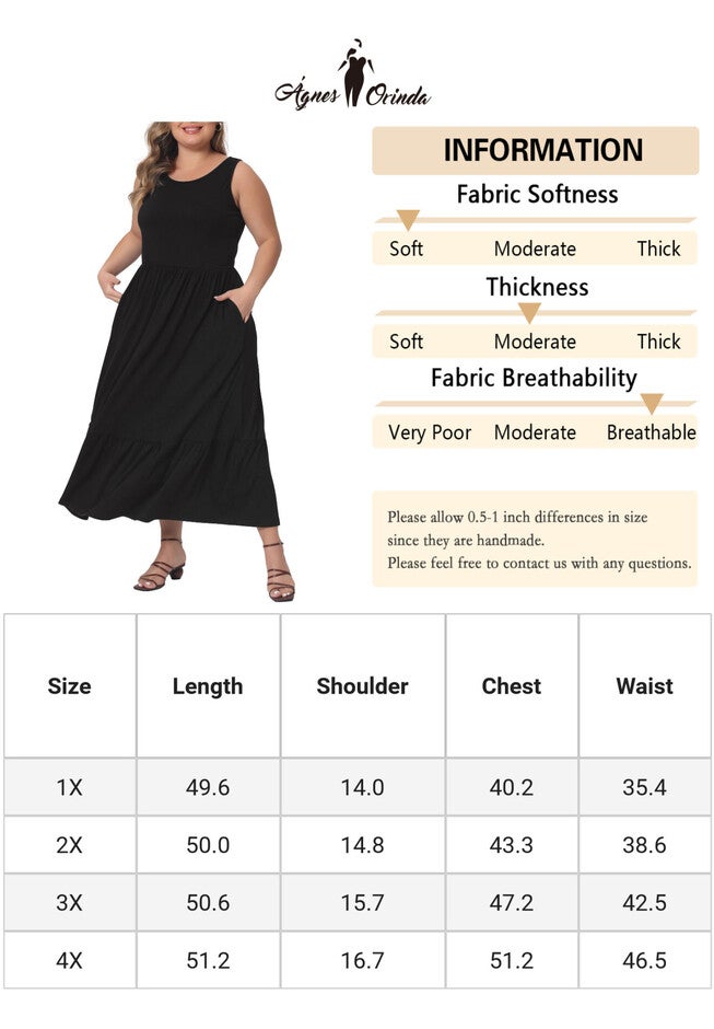 Sleeveless Swing Flowy Summer Maxi T-Shirt Dress with Pockets, Black / Black, alternate image number null