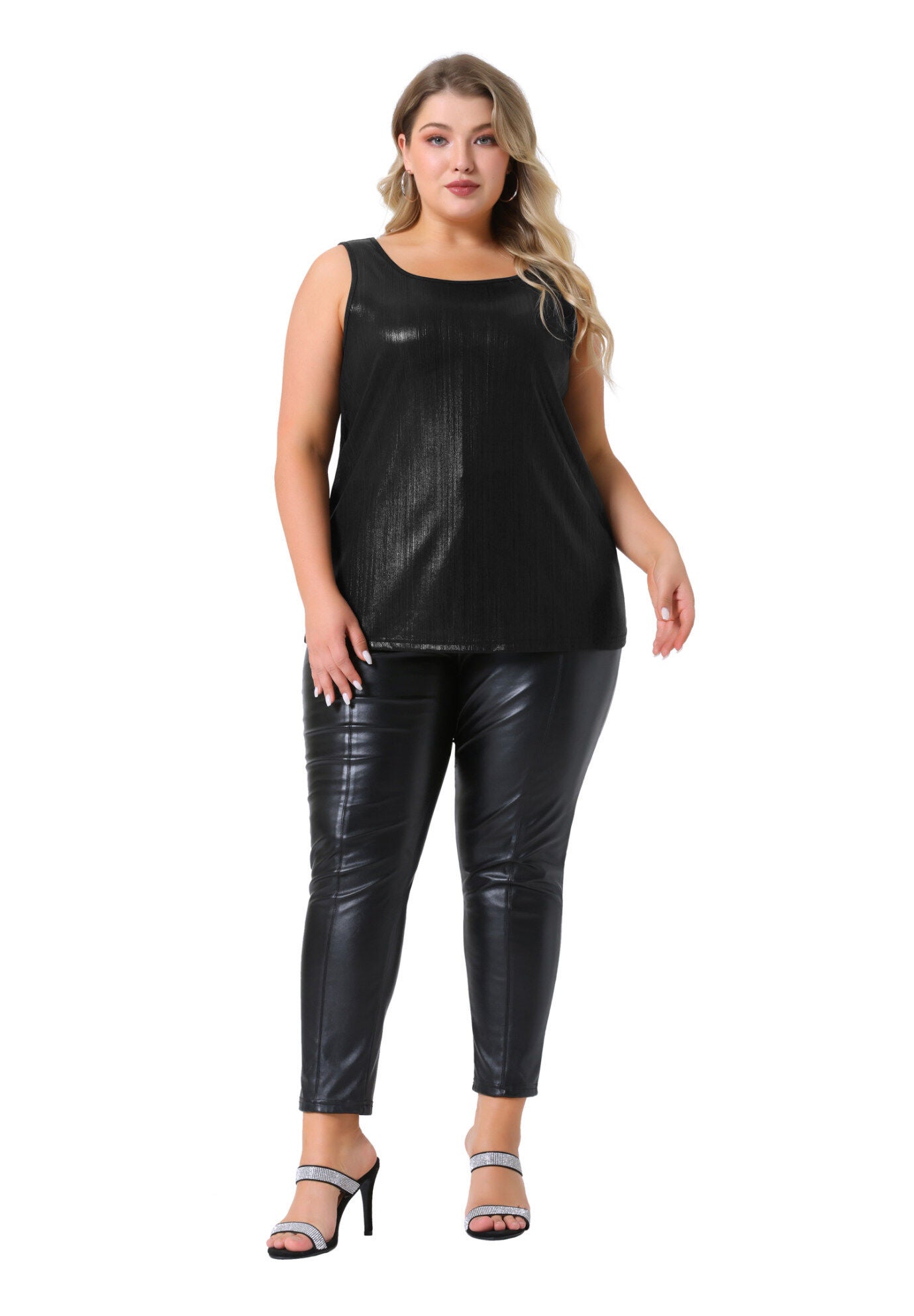 Crew Neck Sleeveless Holographic Shiny Metallic Tank Top, Black / Black, hi-res image number 0