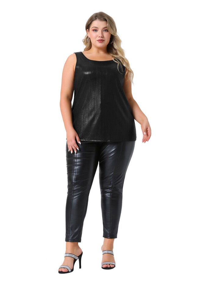 Crew Neck Sleeveless Holographic Shiny Metallic Tank Top, Black / Black, hi-res image number 0