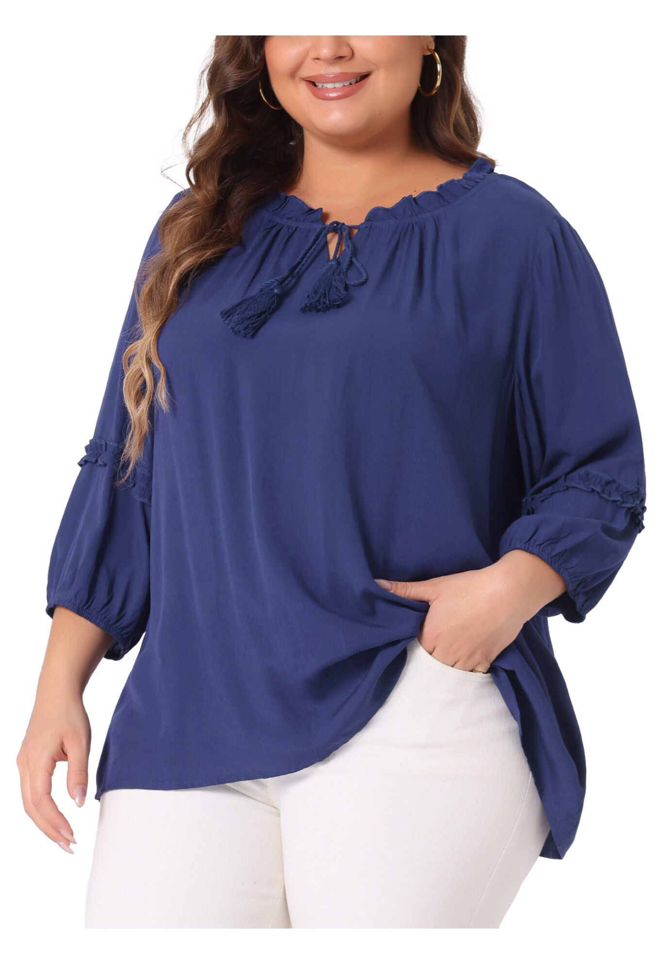 TIE NECK TASSEL SELF FLUTTER 3/4 SLEEVE BLOUSE TOP, Navy Blue / Navy, alternate image number 1