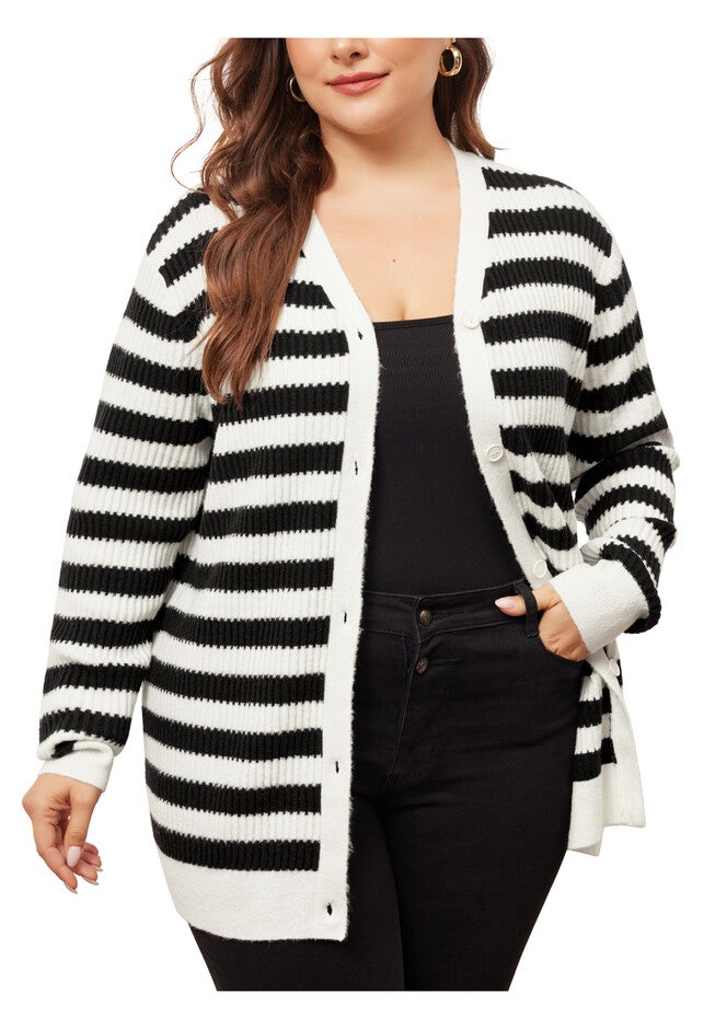 V NECK BUTTON DOWN OPEN FRONT STRIPED KNIT CARDIGAN, Black / Black, alternate image number 2
