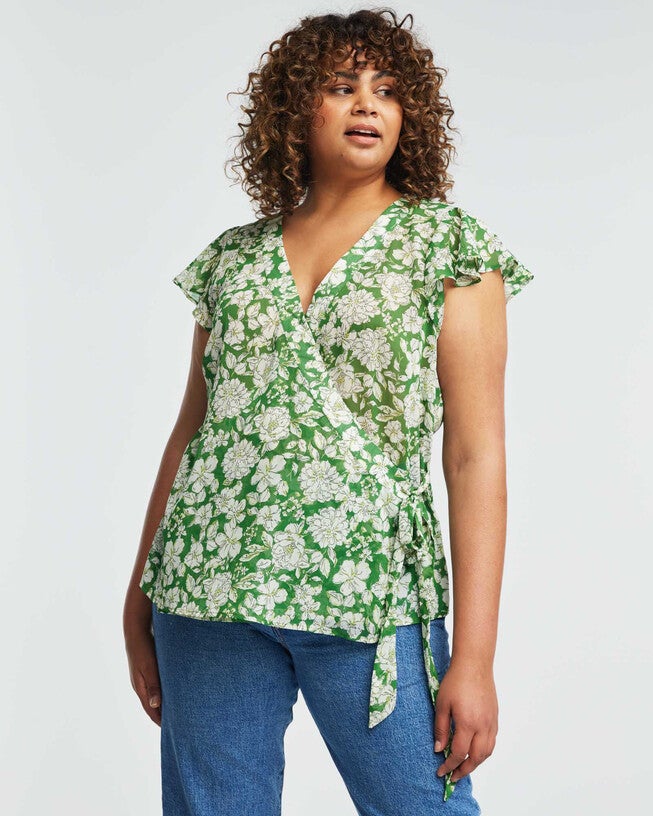 Sheer Floral Field Wrap Top, , alternate image number null