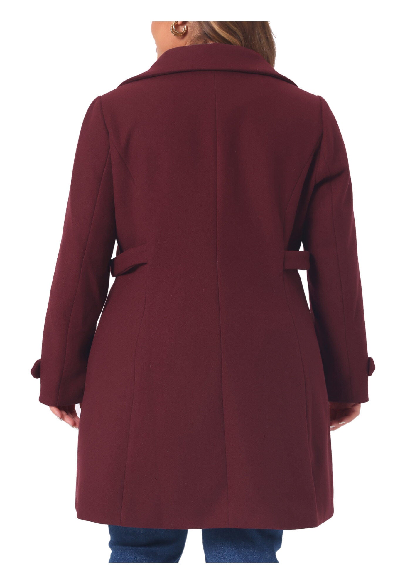 Peter Pan Collar Cuff Single Breasted Trench Long Coat, Burgundy / Red, alternate image number 3