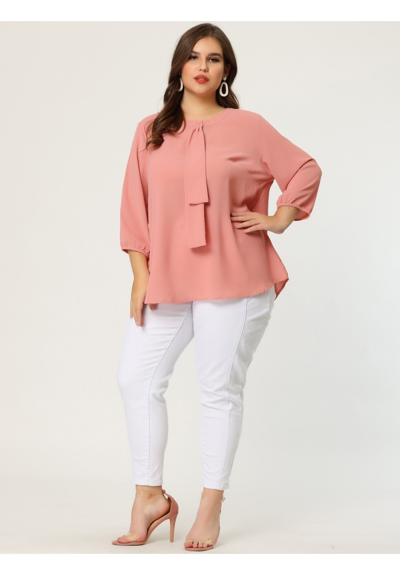 Work Round Neck Ruffle Chiffon Blouse Top, Pink / Pink, hi-res image number 0