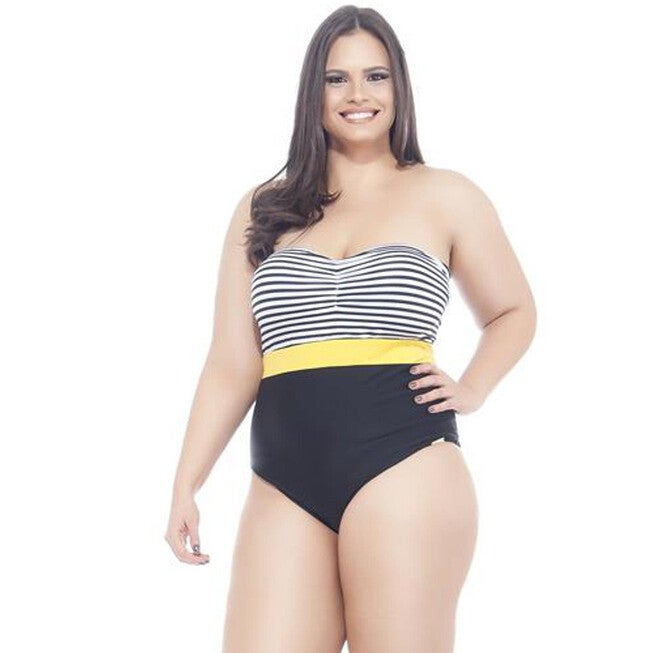 Three Colored Strapless Swimsuit, Black Yellow Stripe / Black, hi-res image number 0