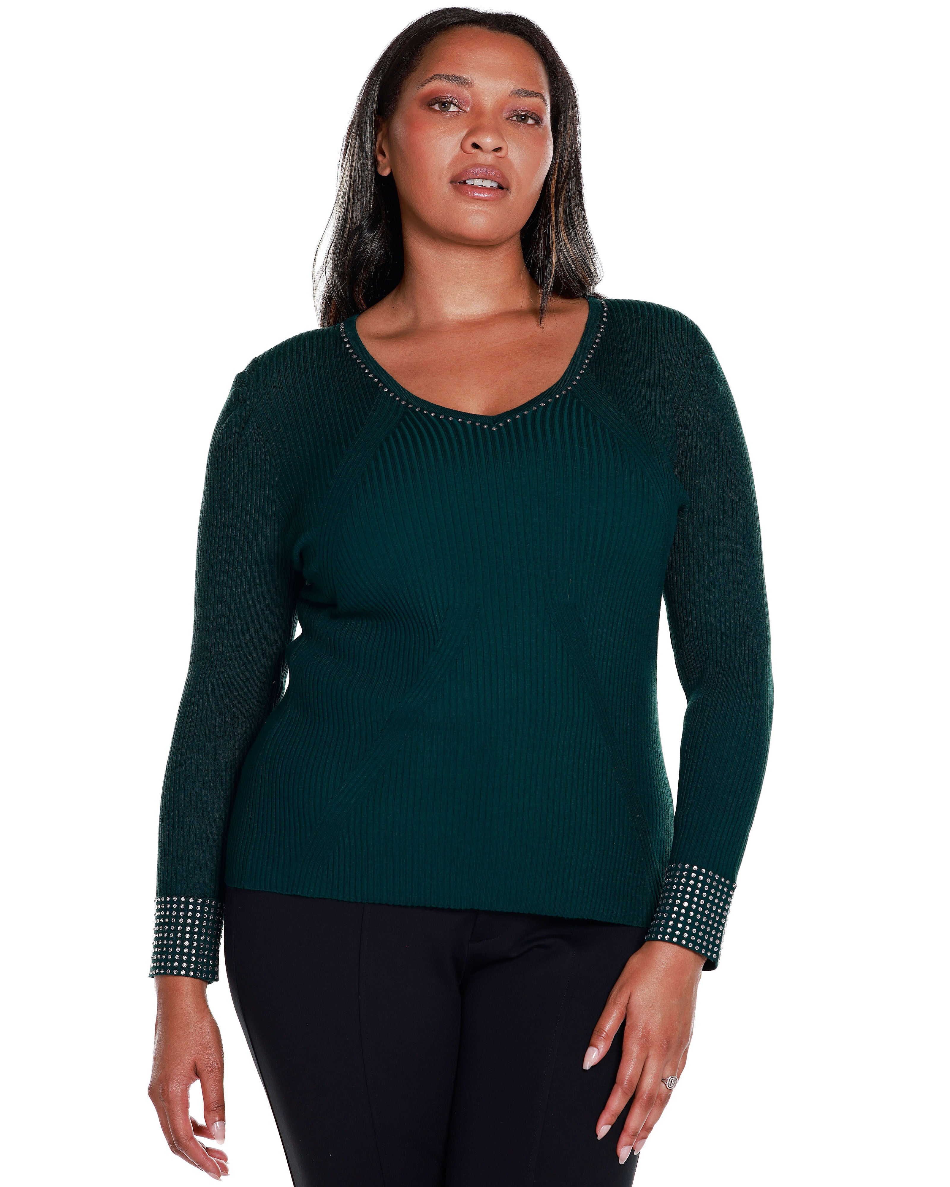 RHINESTONE-TRIM RIBBED SWEATER, Deep Emerald / Forest Green, hi-res image number 0
