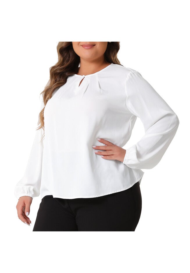 Crew Neck Pleated Curved Keyhole Long Sleeve Chiffon Blouse, White / White, alternate image number 1