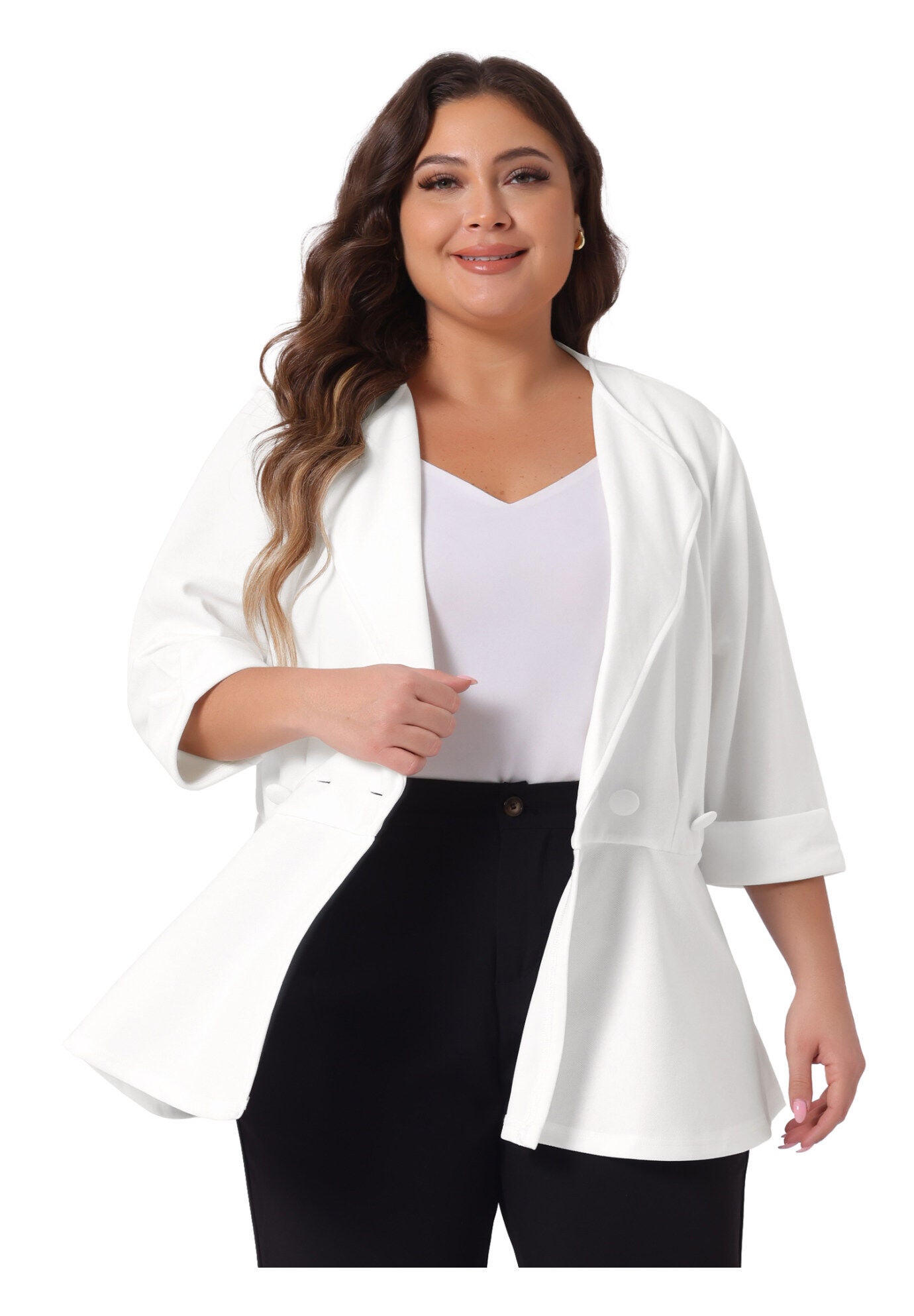 NOTCHED LAPEL PEPLUM JACKET SUIT BLAZER, White / White, alternate image number 2