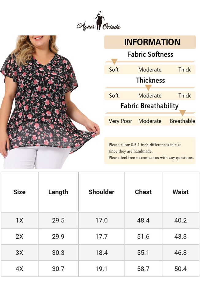 Short Sleeve Layered Casual Floral Blouse Summer Top, Black / Black, alternate image number 4