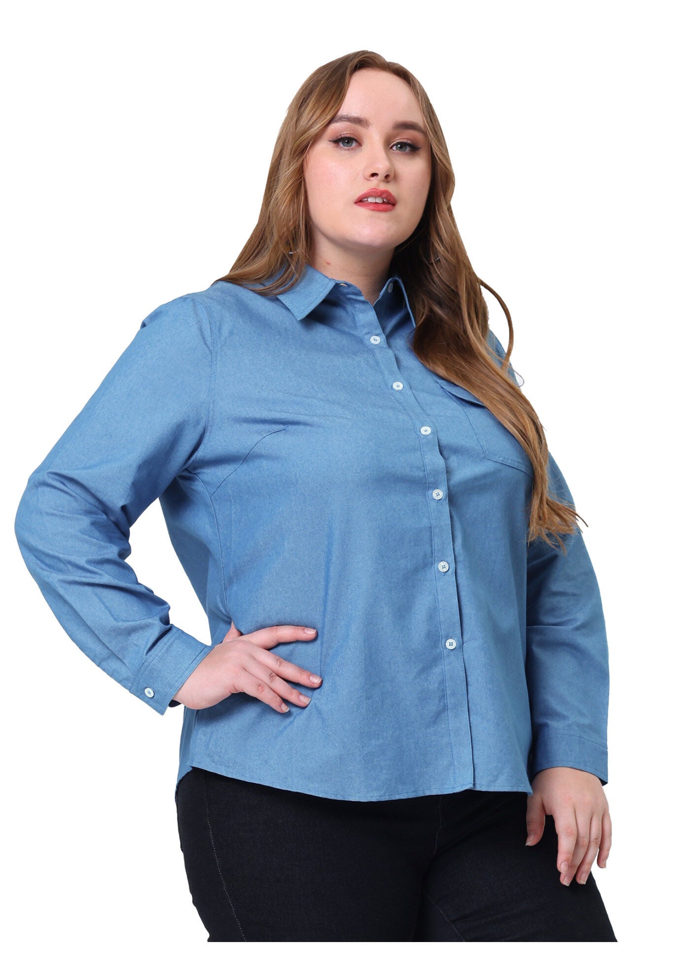 Button Down Long Sleeve Chest Pocket Chambray Shirt, Denim Blue / Chambray Denim Medium, alternate image number 2