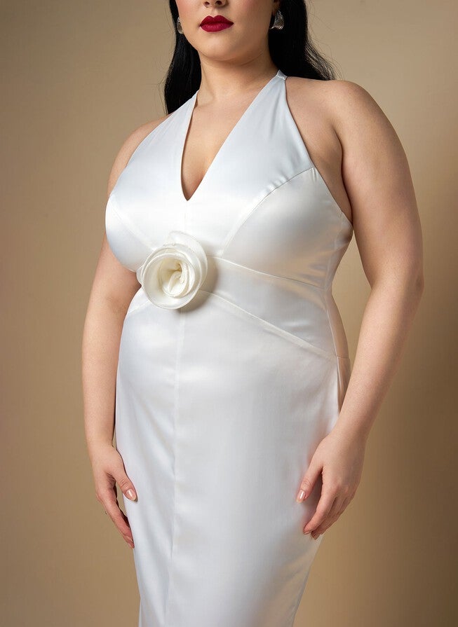 GARDENIA SATIN HALTER MAXI BODYCON DRESS, White / White, alternate image number 2