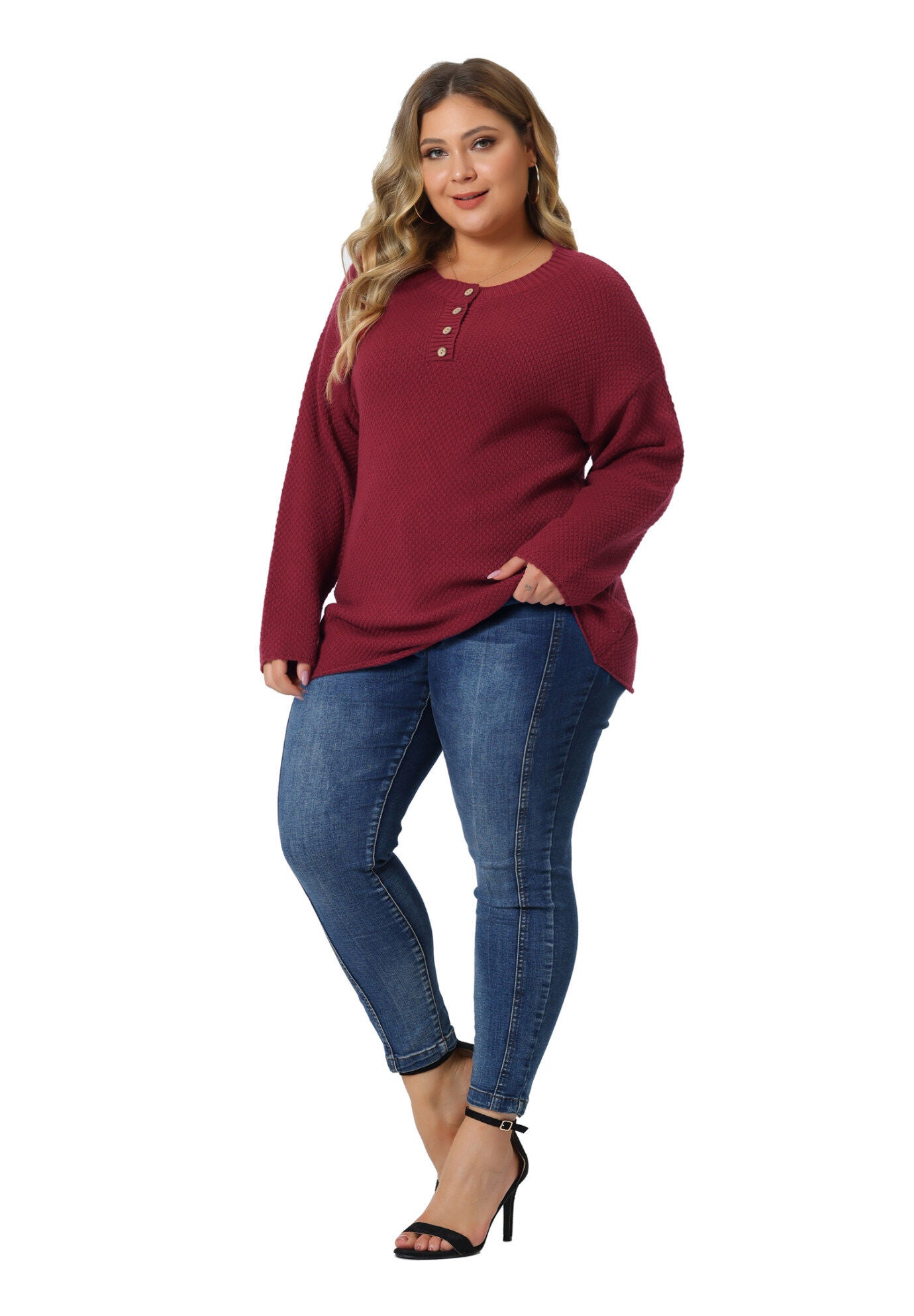 Round Neck Long Sleeve Button Knit Pullover Sweater Top, Wine / Burgundy, hi-res image number 0