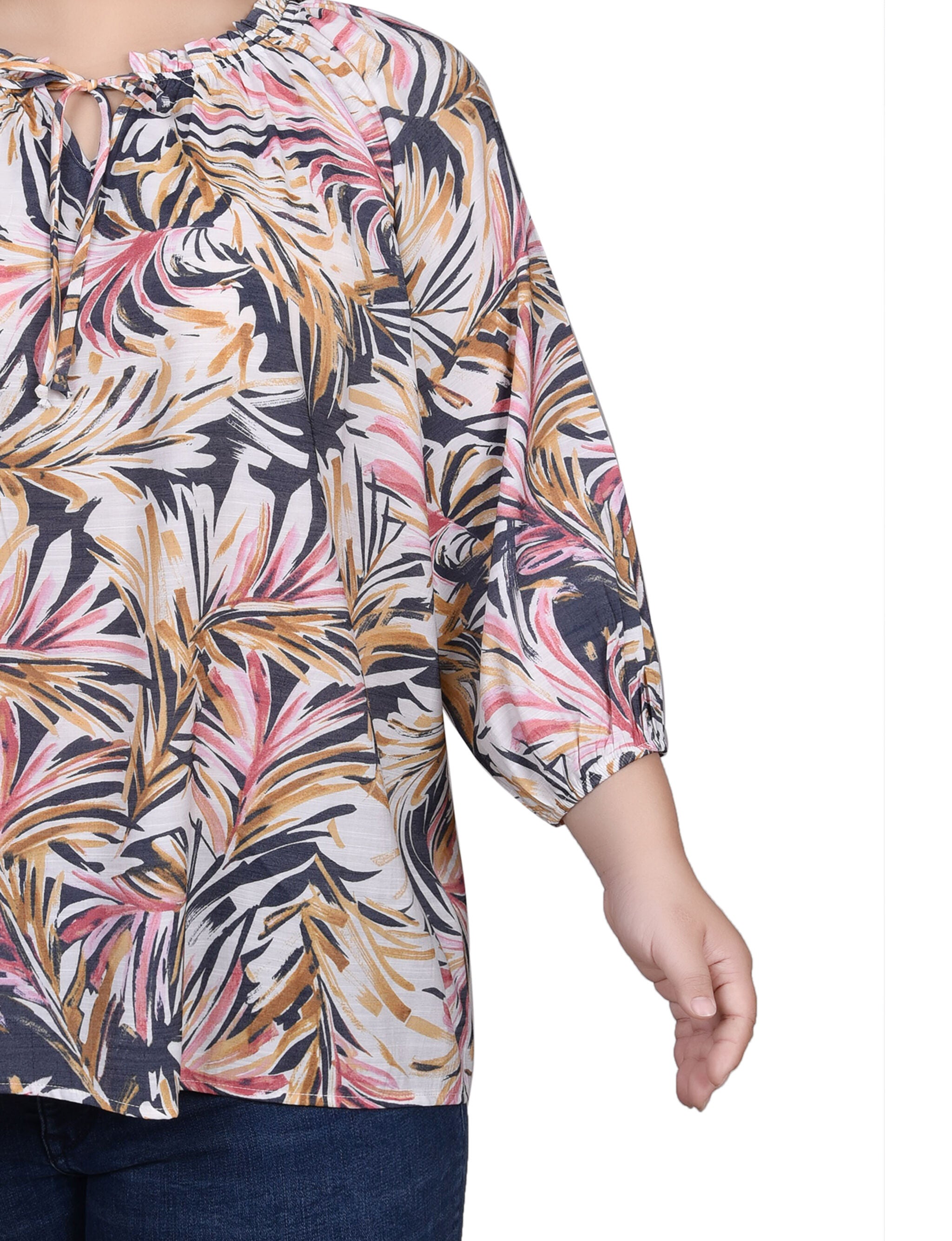 3/4 Sleeve Drawstring Neck Blouse, Blue Multi / blue, alternate image number 1