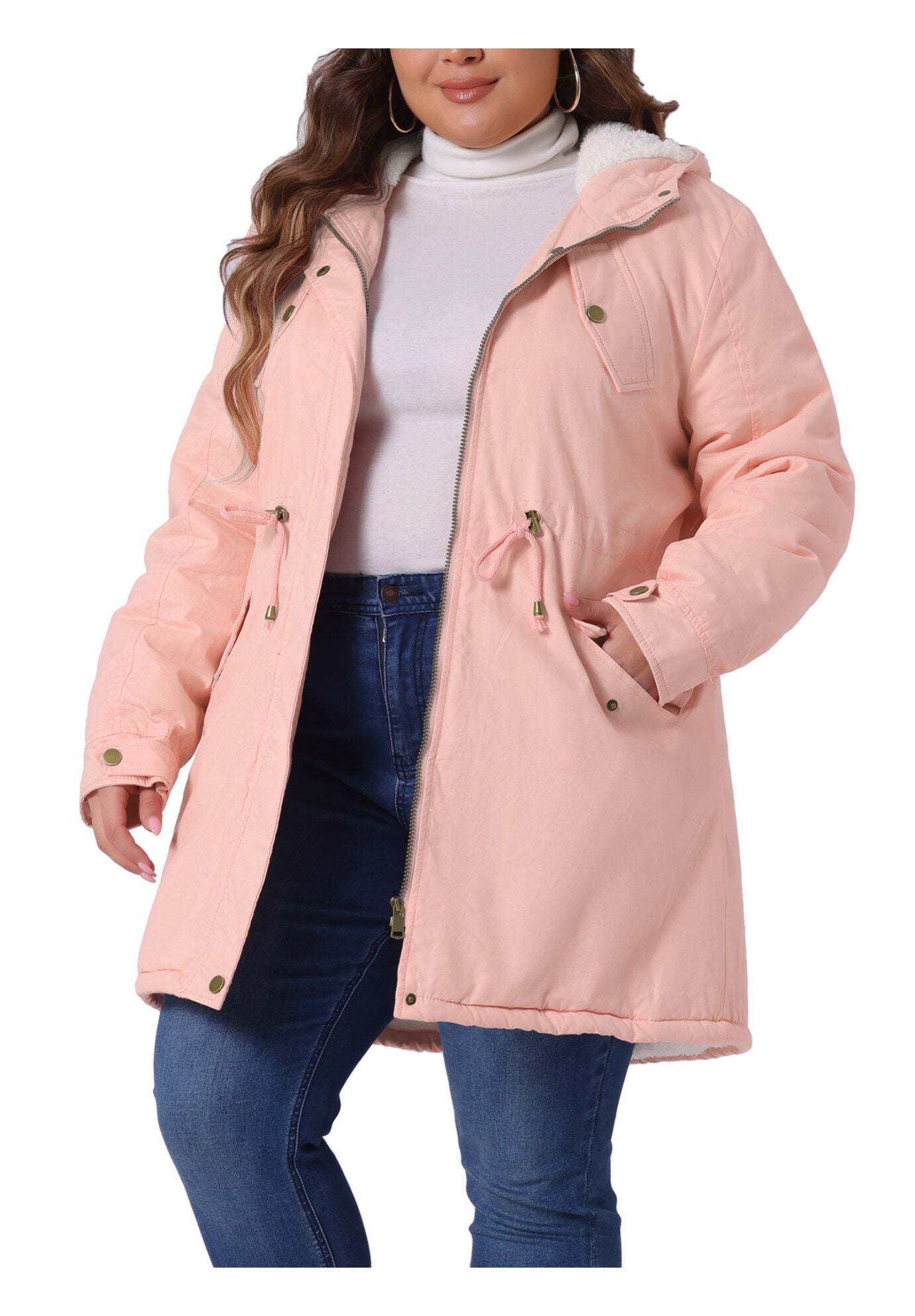 HOODED PARKAS JACKET FAUX FUR LINED LONG ANORAK COAT, Pink / Pink, alternate image number 2