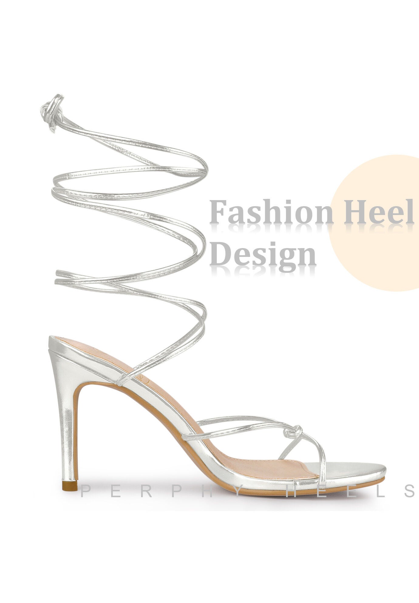 Lace Up Slingback Strappy Stiletto Heels Sandals, Silver / Silver, alternate image number 2