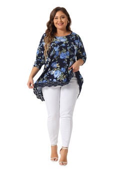 Crew Neck Lace Trim A-Line High Low Hem Floral Blouse Tunic Top