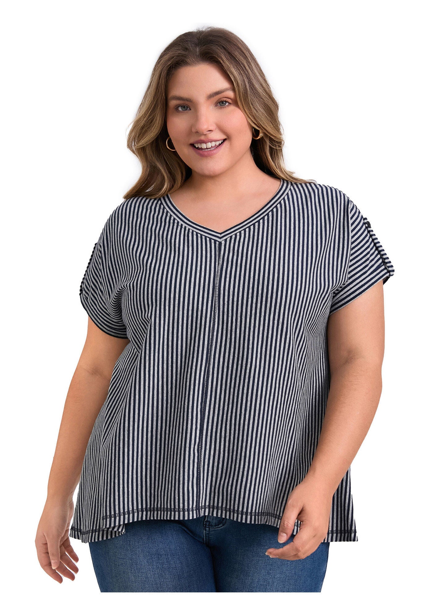 V Neck Short Sleeve Vertical Stripe Drop Shoulder Knit Blouse, Blue Gray / Cool Gray, alternate image number 2