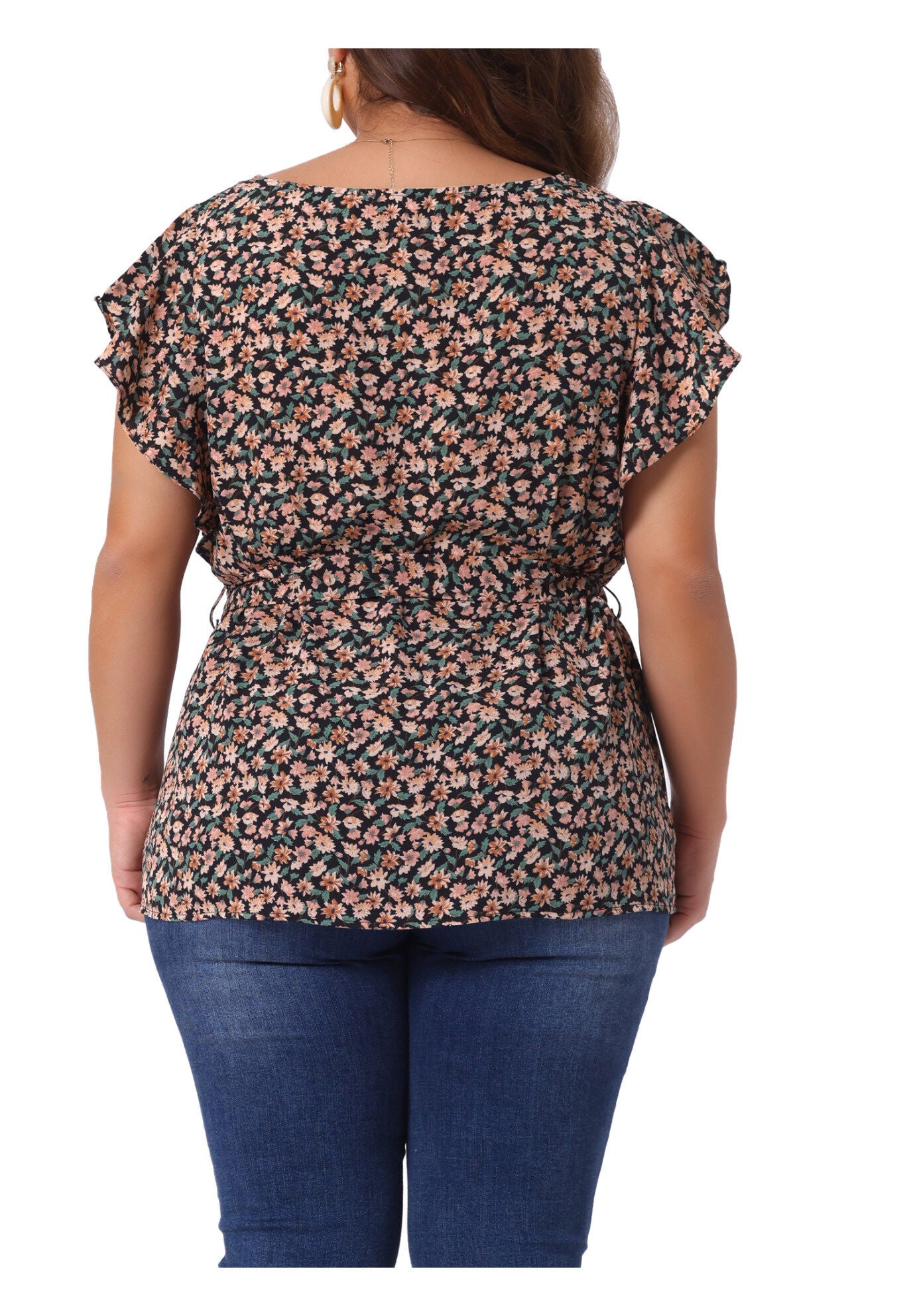 Summer Top Floral Tie Waist Short Sleeves Casual Blouse, Black Orange / Orange, alternate image number 3