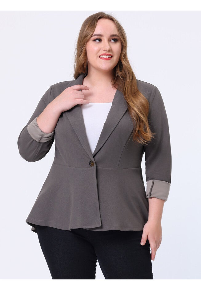 RUFFLE V NECK BUTTON NOTCH PANEL PEPLUM BLAZER, Gray / Warm Grey, alternate image number 1