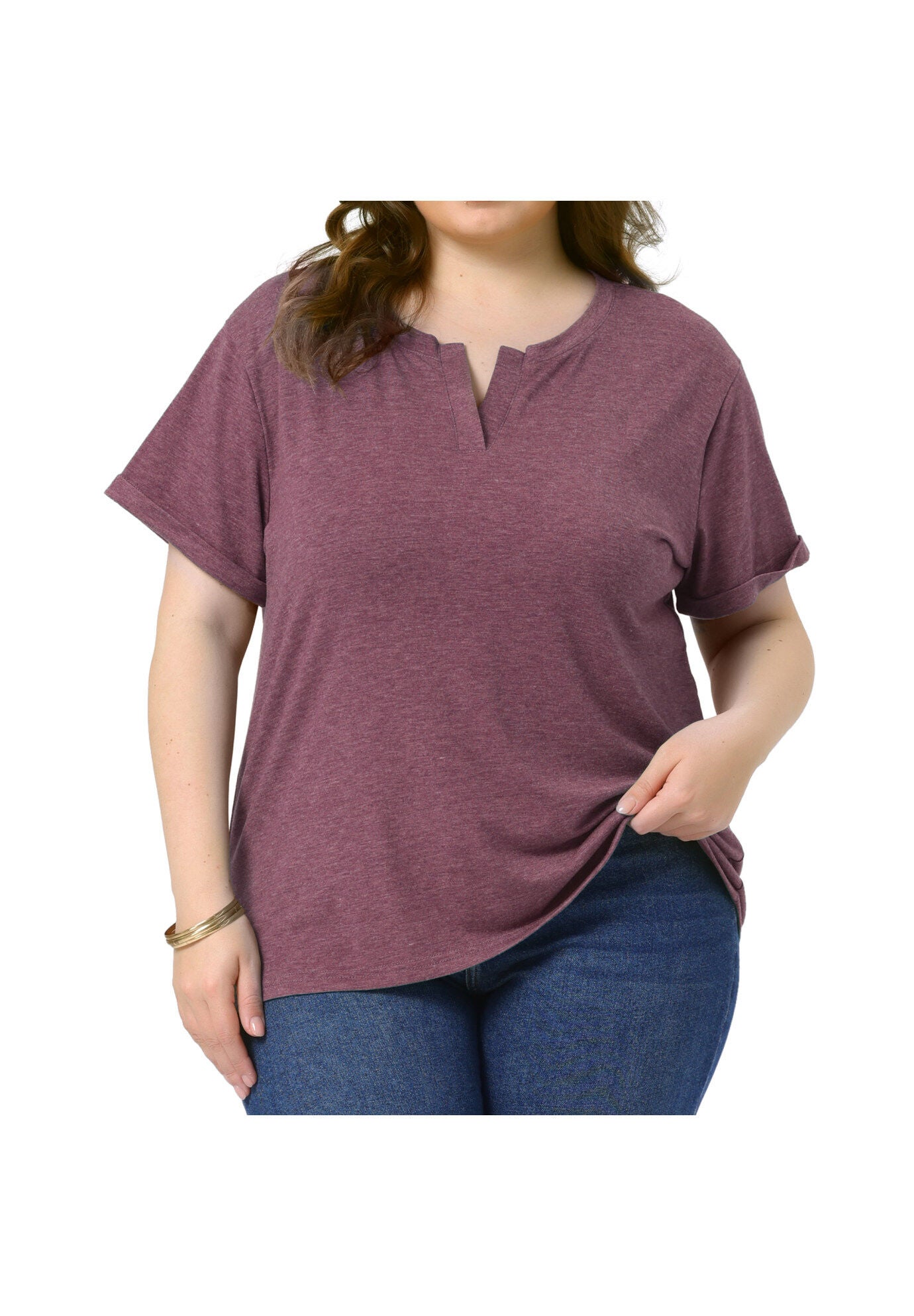 Short Sleeve Notched V Neck Summer Tees Tops, Burgundy / Burgundy, alternate image number 2