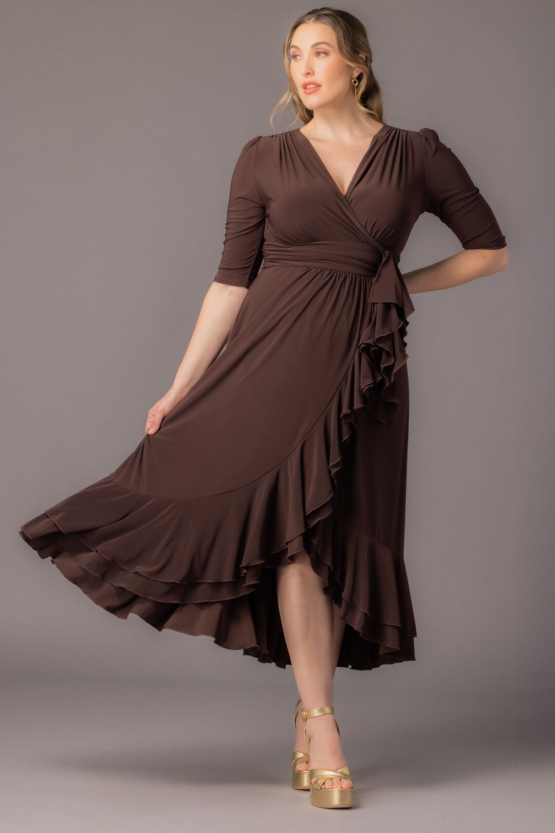 Veronica Ruffle Evening Gown, Chocolate / Brown, alternate image number 5