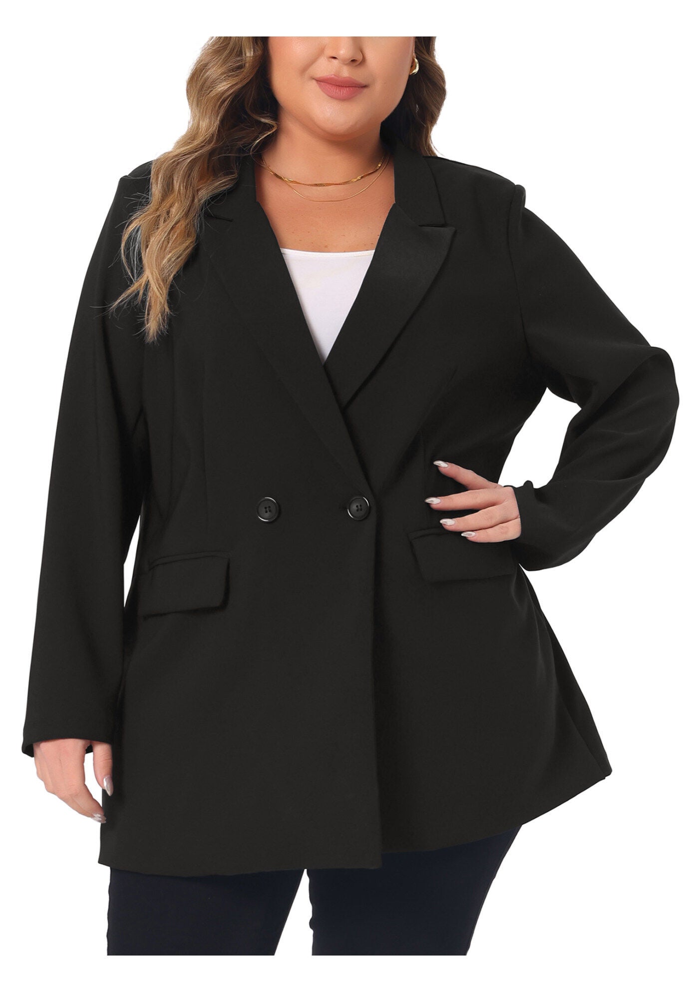 LAPEL BUTTON OFFICE WORK BLAZER, Black / Black, alternate image number 1