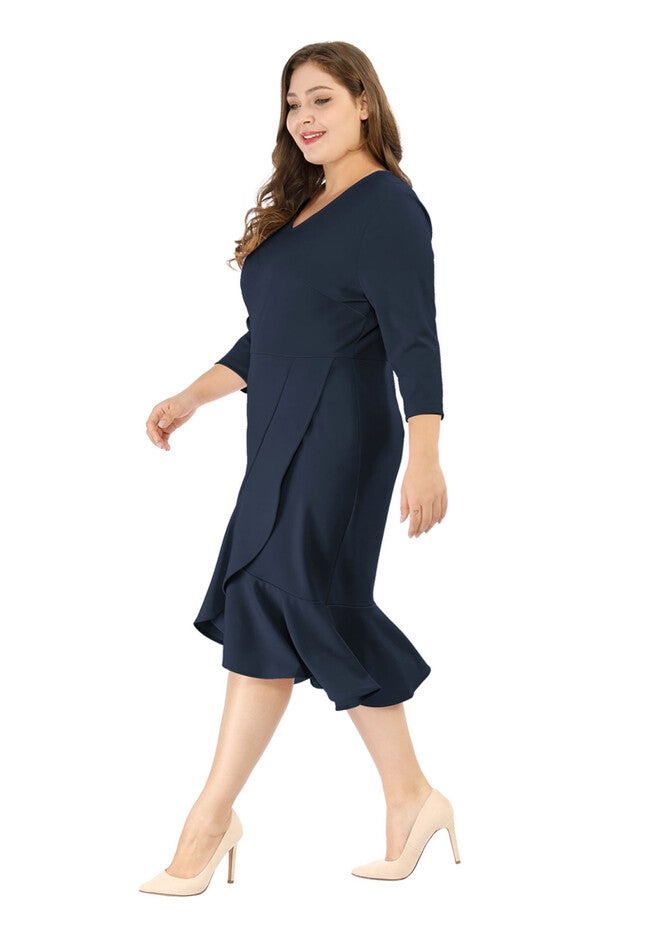 Ruffled 3/4 Sleeve Office Work Cocktail Wrap Dress, Blue / Navy, alternate image number 1