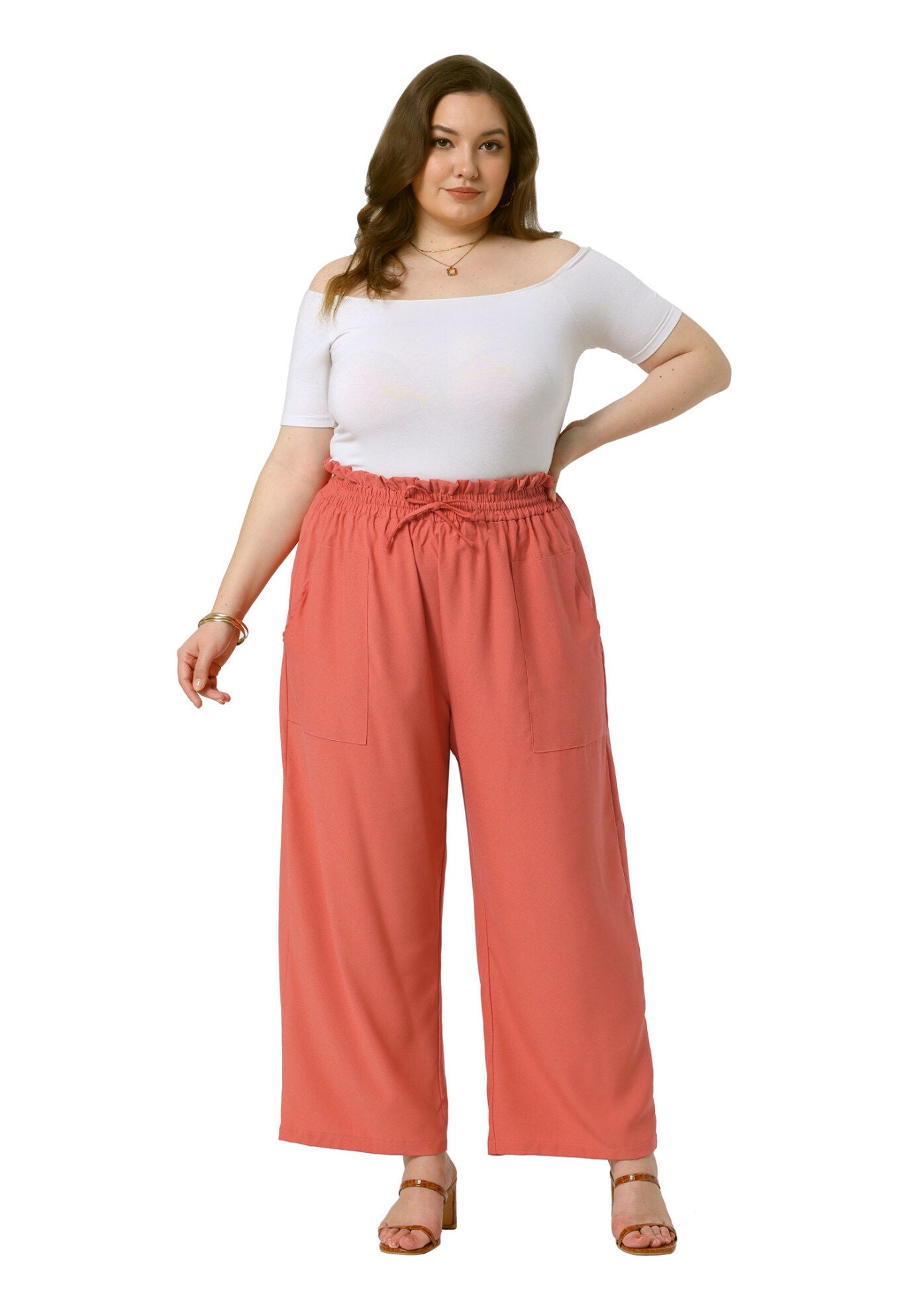 Baggy Wide Leg Elastic High Waist Palazzo Pants with Pockets, Brick Red / Terracotta, hi-res image number 0