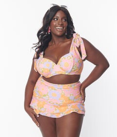 UNIQUE VINTAGE AVOCADO & MULTICOLOR DAISY PRINT TOTALLY TIED UP SWIM TOP