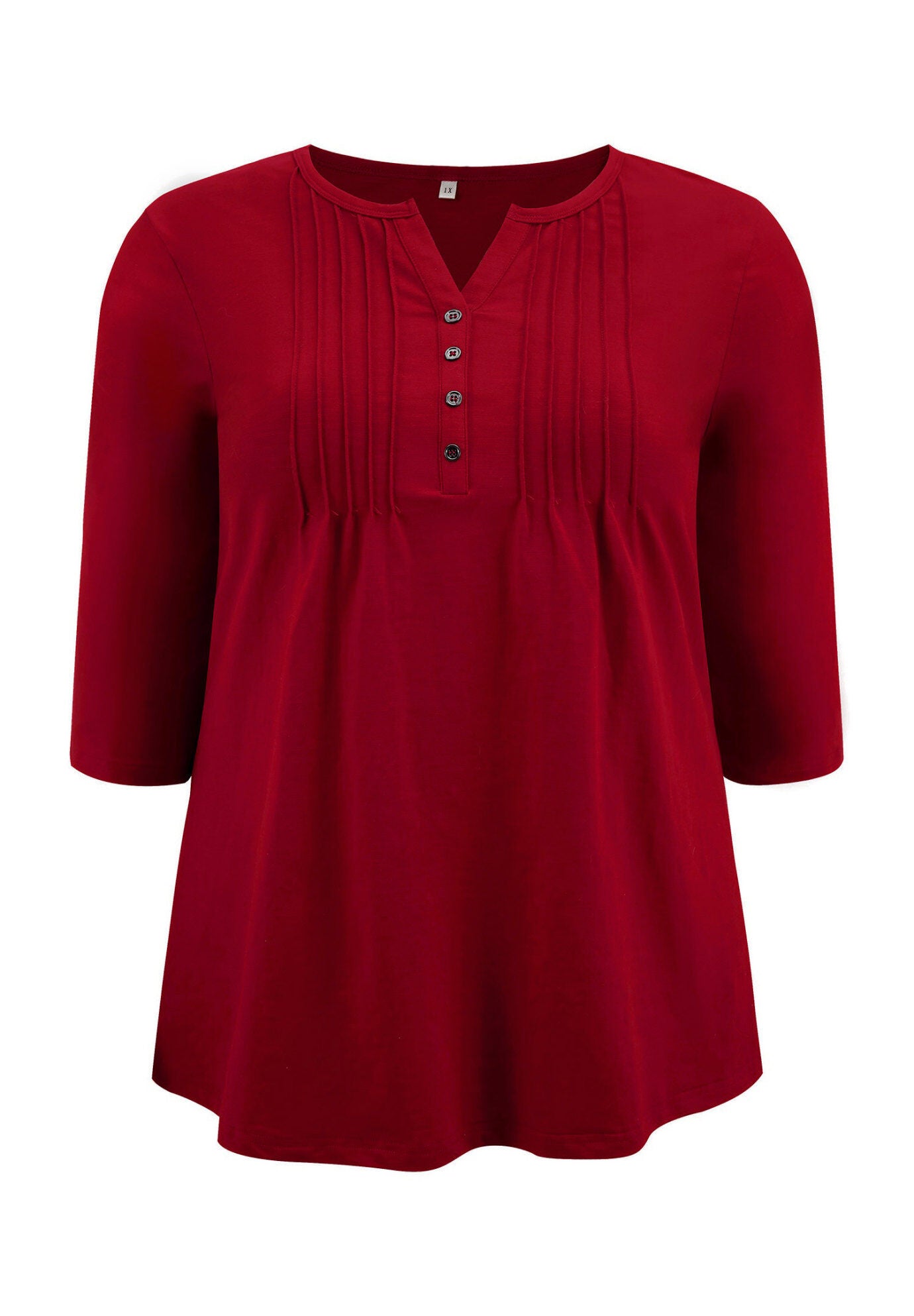 Notched Neck 3/4 Sleeve Front Pleated Button Decor Casual Blouse, Red / Red, alternate image number 3