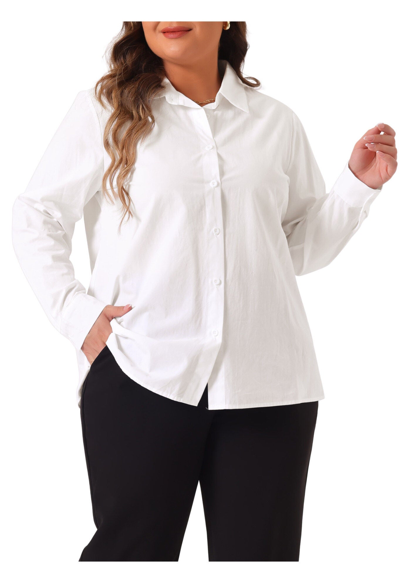 Button Down Cotton Stand Collar Long Sleeve Solid Work Shirt, White / White, alternate image number 2